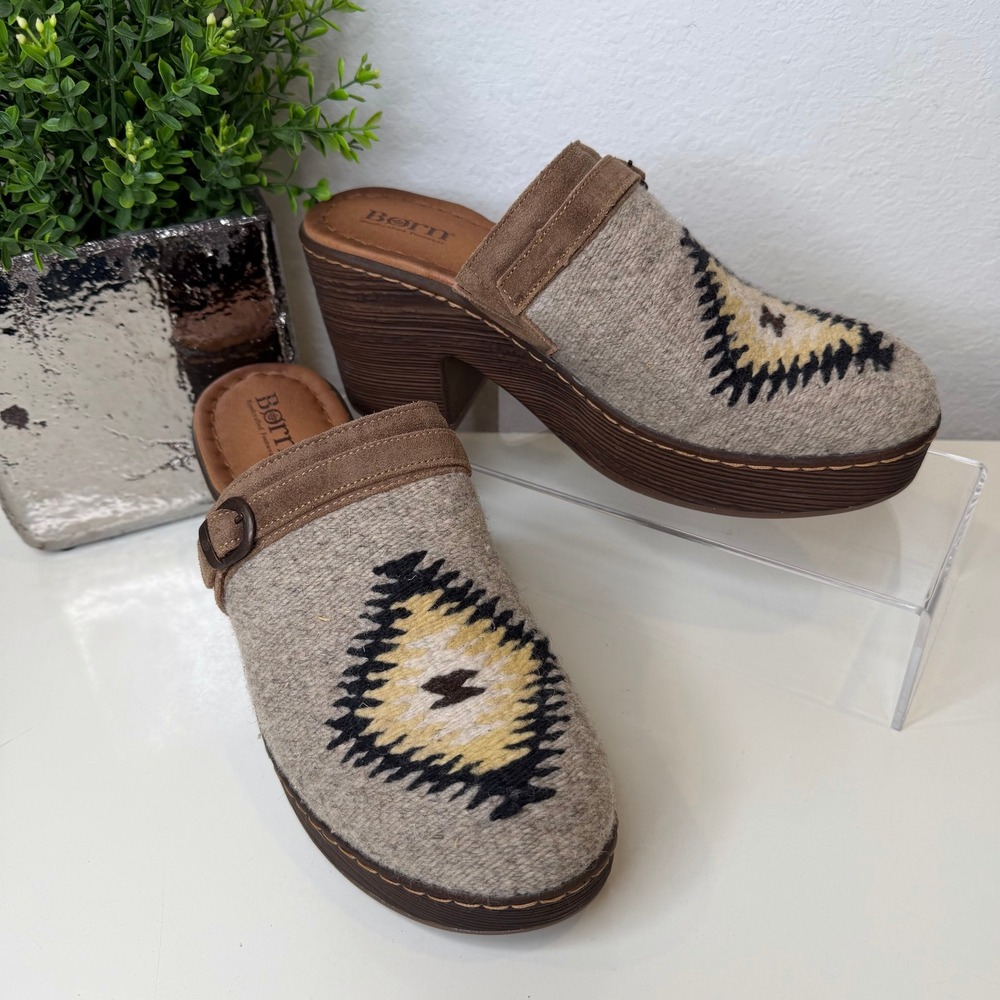 Born Carmen Blanket Wool Mules Taupe Southwestern Geometric Block Heel Clog 8
